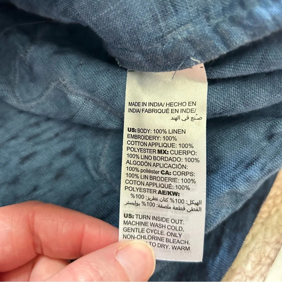 Chicos Linen Blend Blue Space Dye Tee Embroidered Lace Appliqué Size 4/6 Coastal - Picture 4 of 12